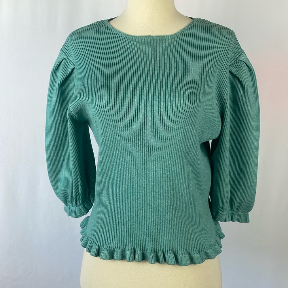Marc New York Andrew Marc Ribbed Ruffle Balloon Sleeve Sweater w/Back Keyholes